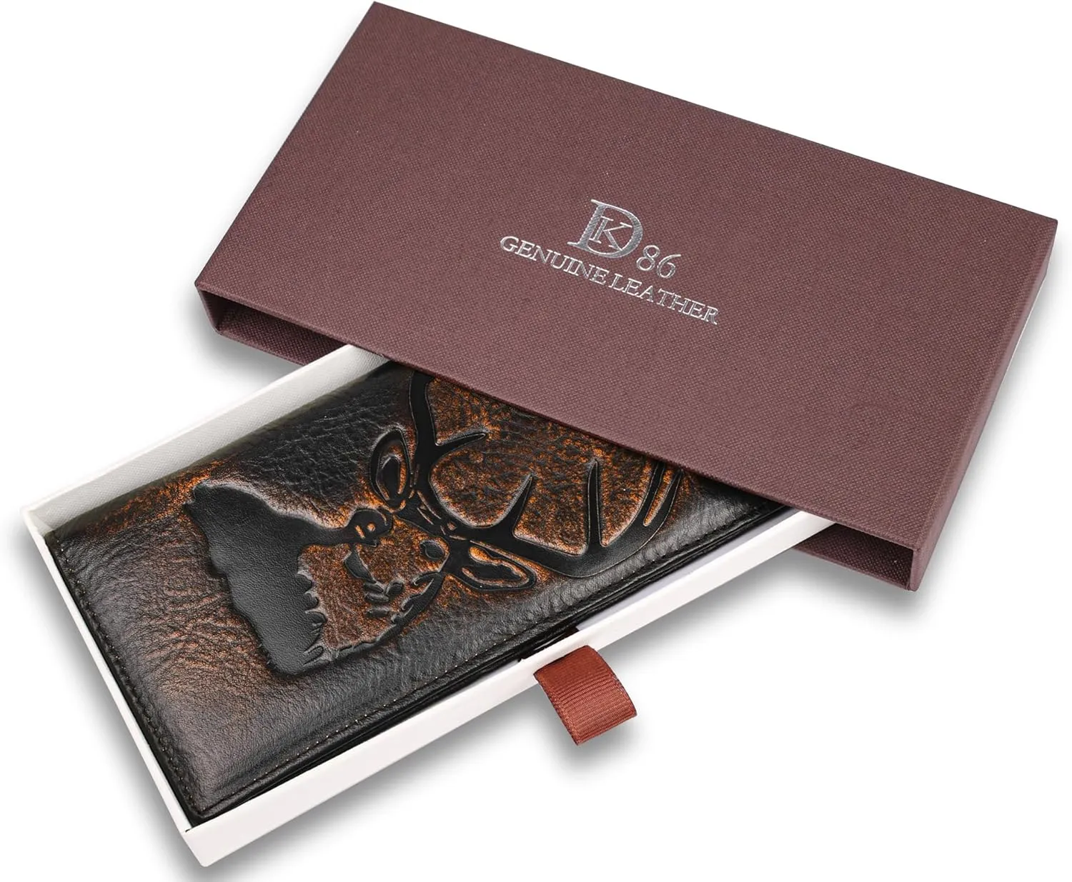 DK86 Deer Long Wallet For Men Full Grain Leather with Hand Burnished Rfid Blocking Rodeo Wallet Bifold Wallet Deer Wallet, Black and Orange