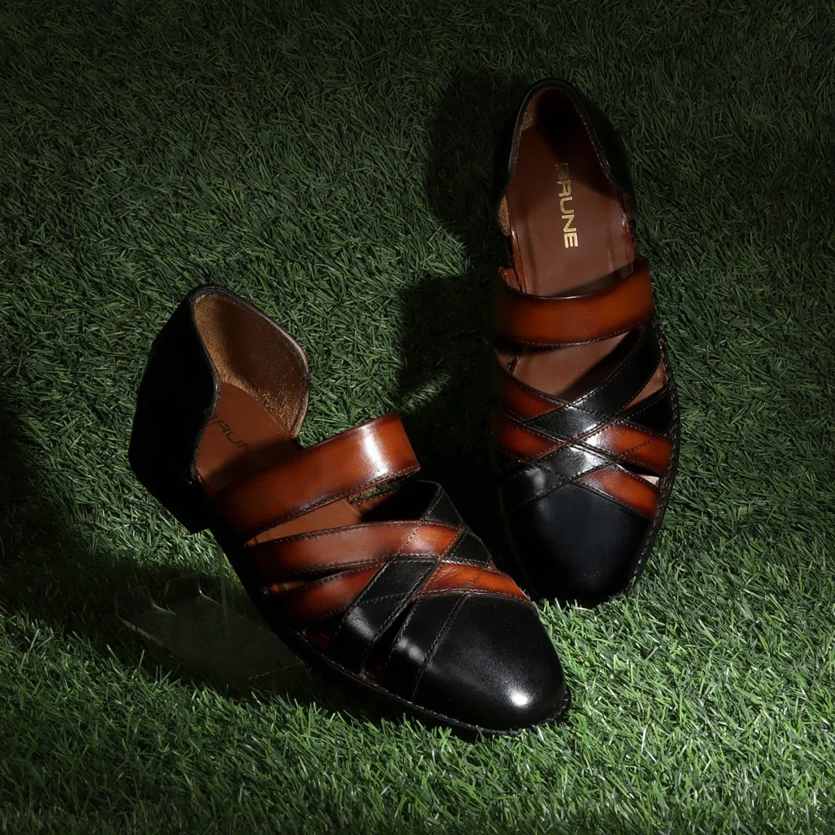 Ethnic Peshawari Sandals with Classic Cross Strapped Black & Tan Leather