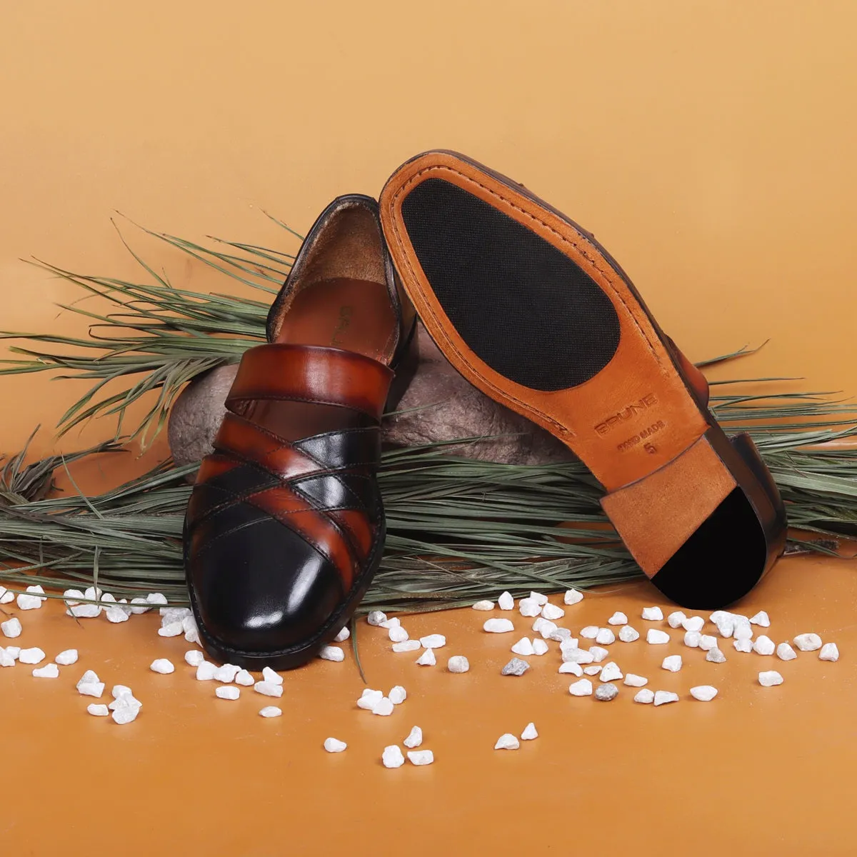 Ethnic Peshawari Sandals with Classic Cross Strapped Black & Tan Leather