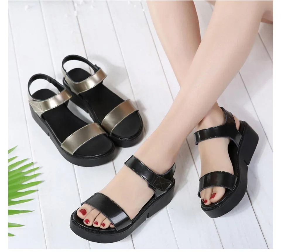 High Quality Summer Women Sandals Comfortable Leather Flat Comfort Lady Shoes Golden Punk Sandalias