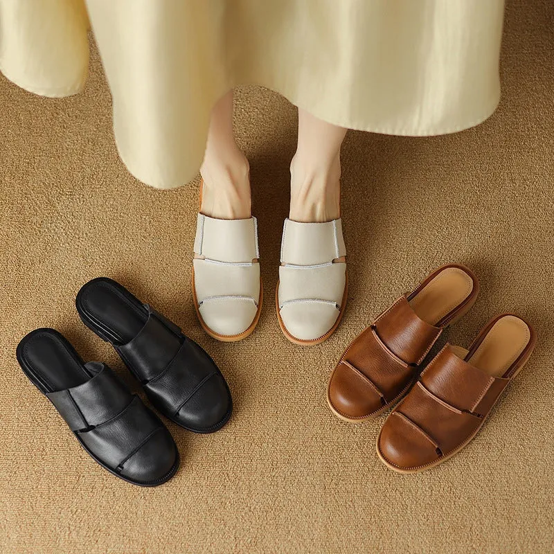 Leather Mules Cut Out Summer Slippers Handmade in Black/Beige/Brown