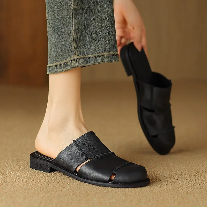 Leather Mules Cut Out Summer Slippers Handmade in Black/Beige/Brown