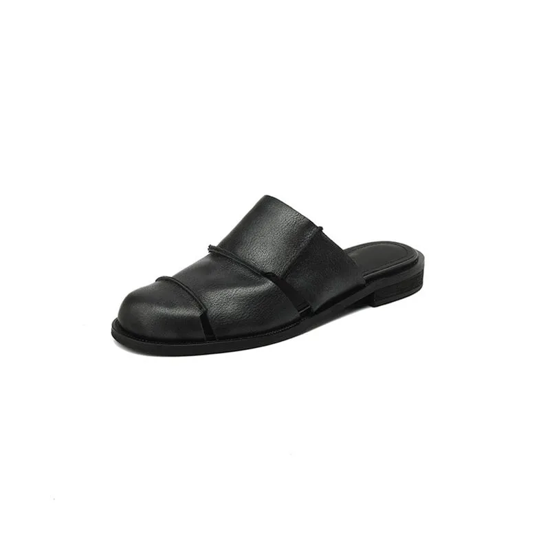 Leather Mules Cut Out Summer Slippers Handmade in Black/Beige/Brown
