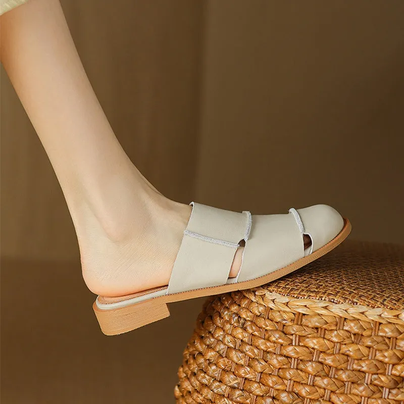 Leather Mules Cut Out Summer Slippers Handmade in Black/Beige/Brown