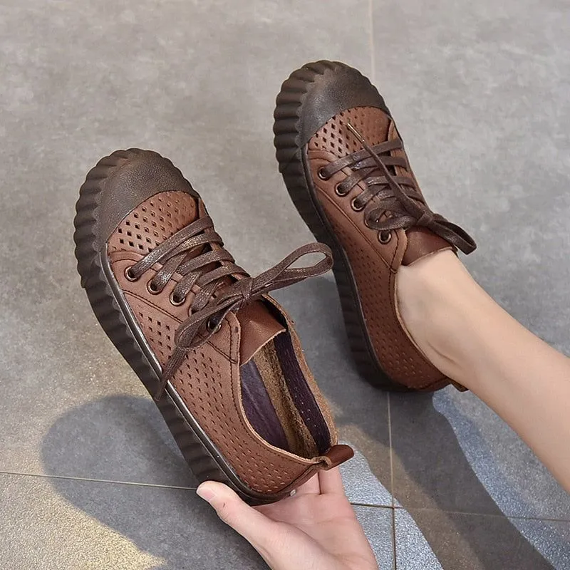 Leather Women's Casual Shoes LGCSS03 Flat Biscuit Toe Layer Sneakers
