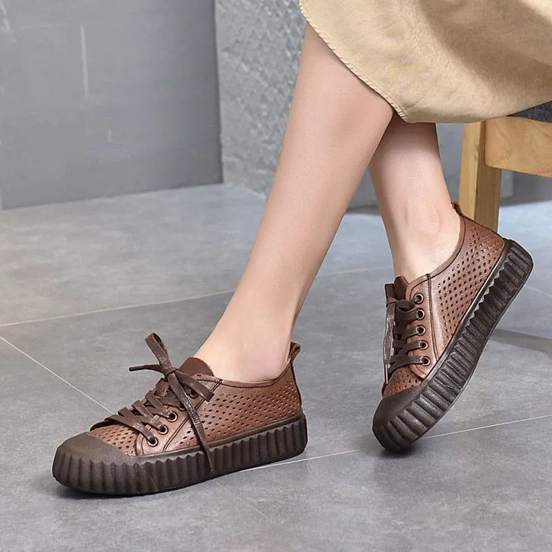 Leather Women's Casual Shoes LGCSS03 Flat Biscuit Toe Layer Sneakers