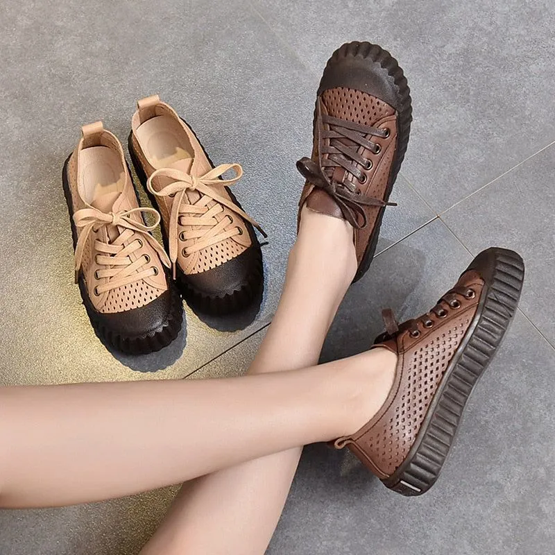 Leather Women's Casual Shoes LGCSS03 Flat Biscuit Toe Layer Sneakers