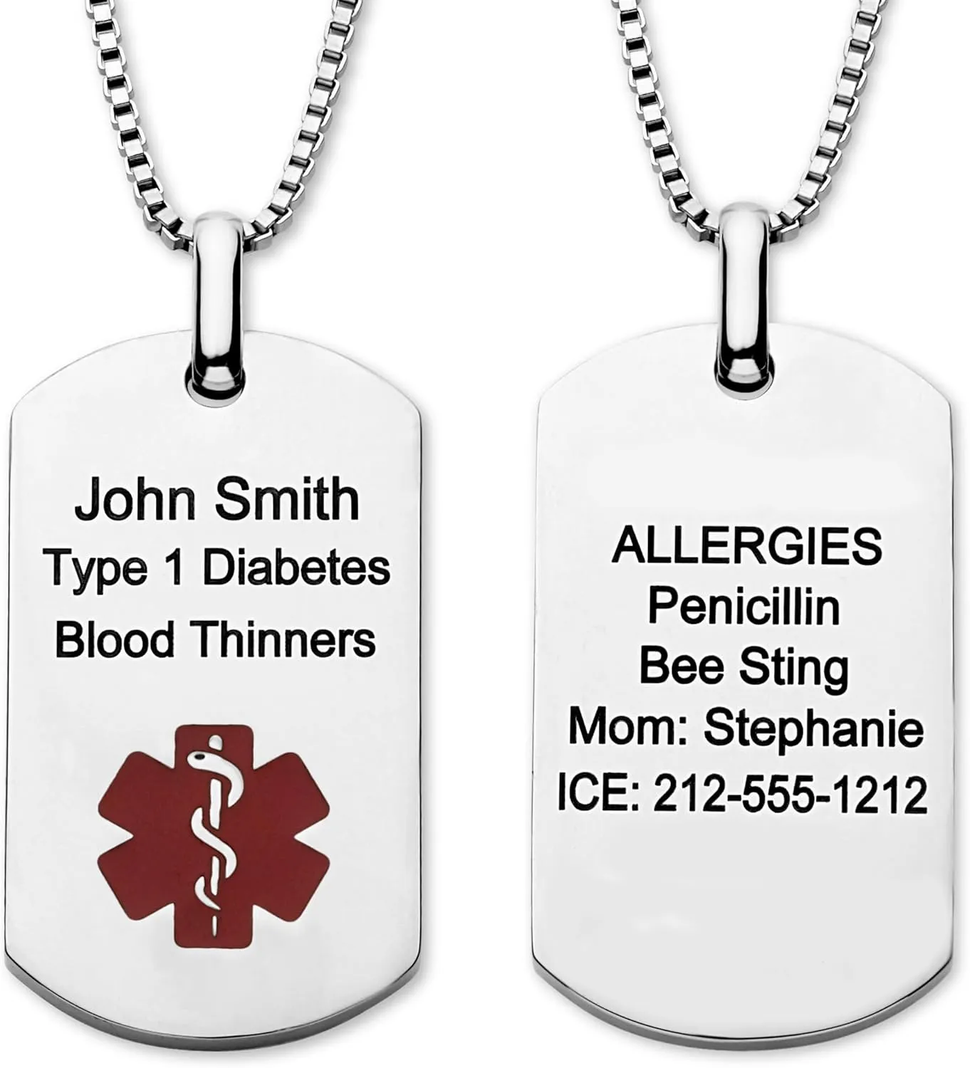 Medical Alert ID Dog Tag Necklace for Men Women, Customizable Engraving, Medical Jewelry for Emergency, Silver Stainless Steel, Hypoallergenic, Waterproof, Includes Gift Box & Medical ID Wallet Card