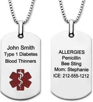 Medical Alert ID Dog Tag Necklace for Men Women, Customizable Engraving, Medical Jewelry for Emergency, Silver Stainless Steel, Hypoallergenic, Waterproof, Includes Gift Box & Medical ID Wallet Card