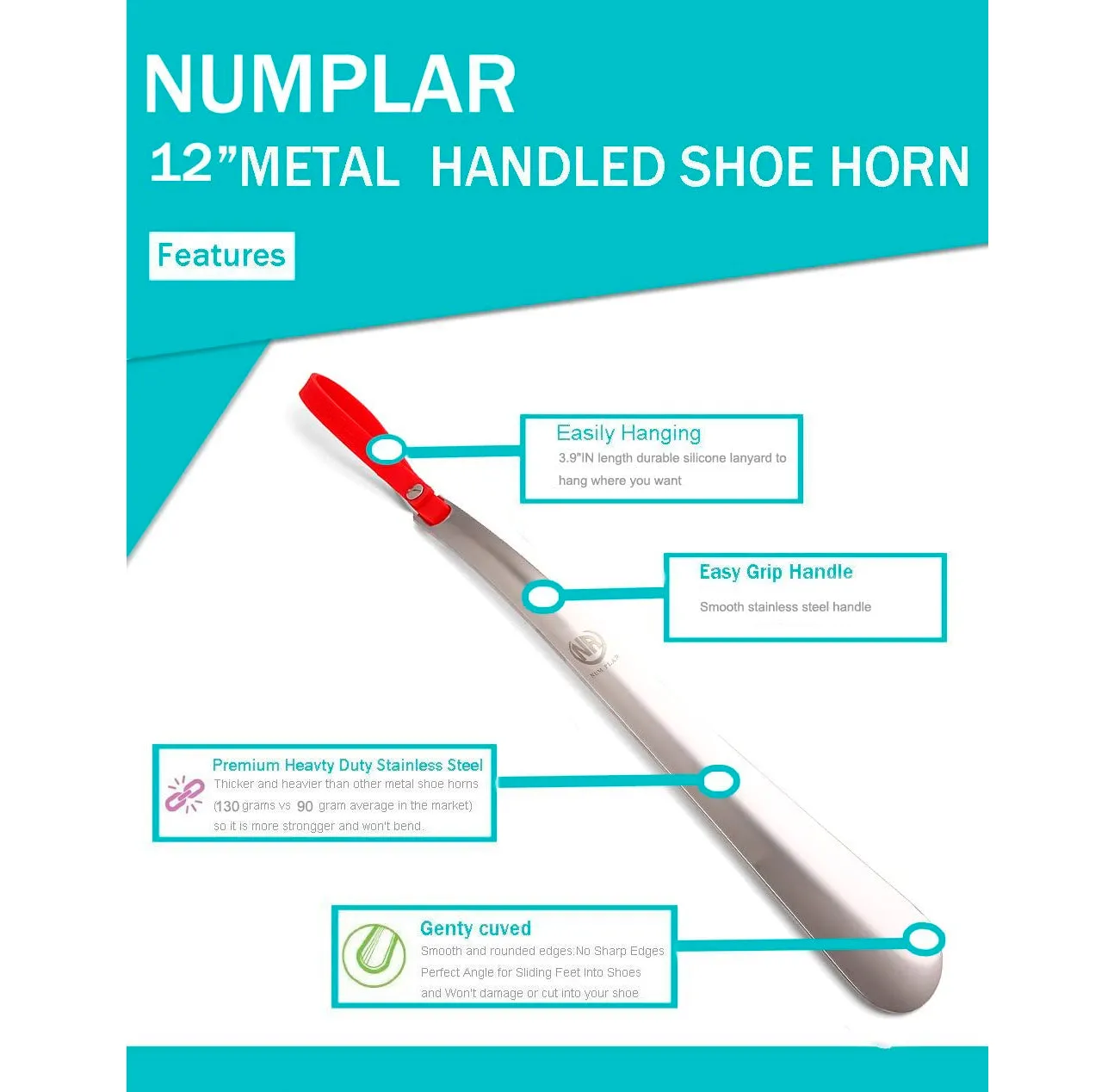 Metal Shoe Horn, Long Handled Shoehorn Pregnancy, Boots and Shoes, Heavy Duty Stainless Steel with Silicone Lanyard Color Red