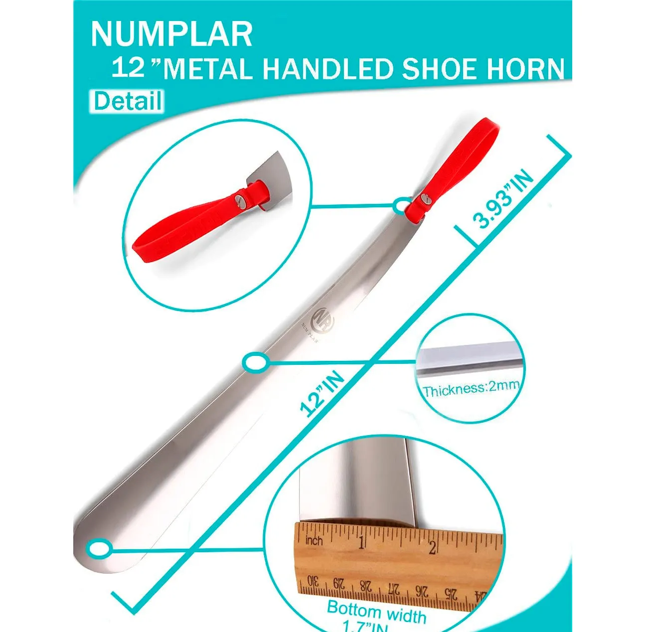 Metal Shoe Horn, Long Handled Shoehorn Pregnancy, Boots and Shoes, Heavy Duty Stainless Steel with Silicone Lanyard Color Red