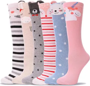 MOGGEI 6 Pairs Kids Girls Knee High Socks Gift Long Crazy Silly Tall Funny Boot Cute Animal Child Fun Socks