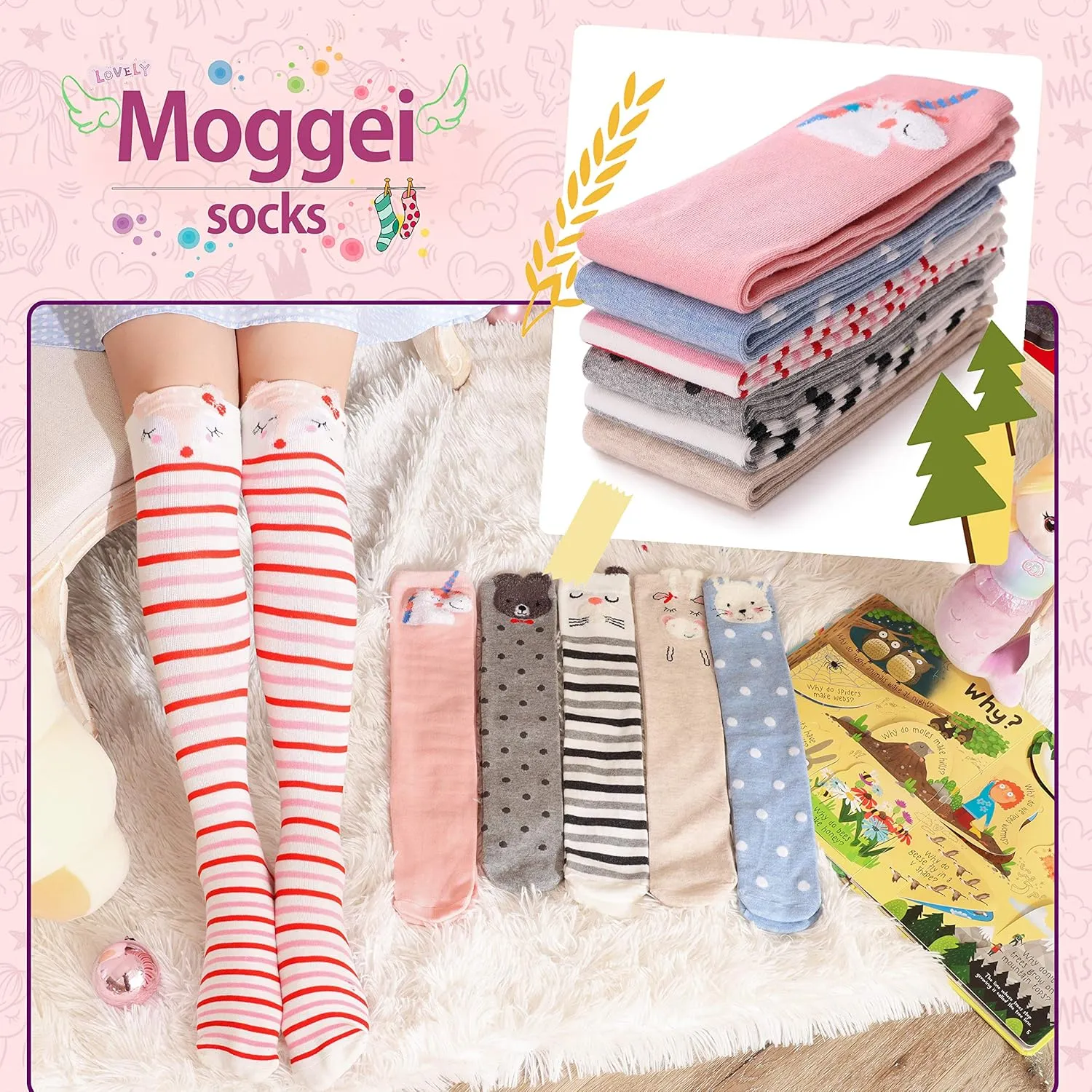 MOGGEI 6 Pairs Kids Girls Knee High Socks Gift Long Crazy Silly Tall Funny Boot Cute Animal Child Fun Socks