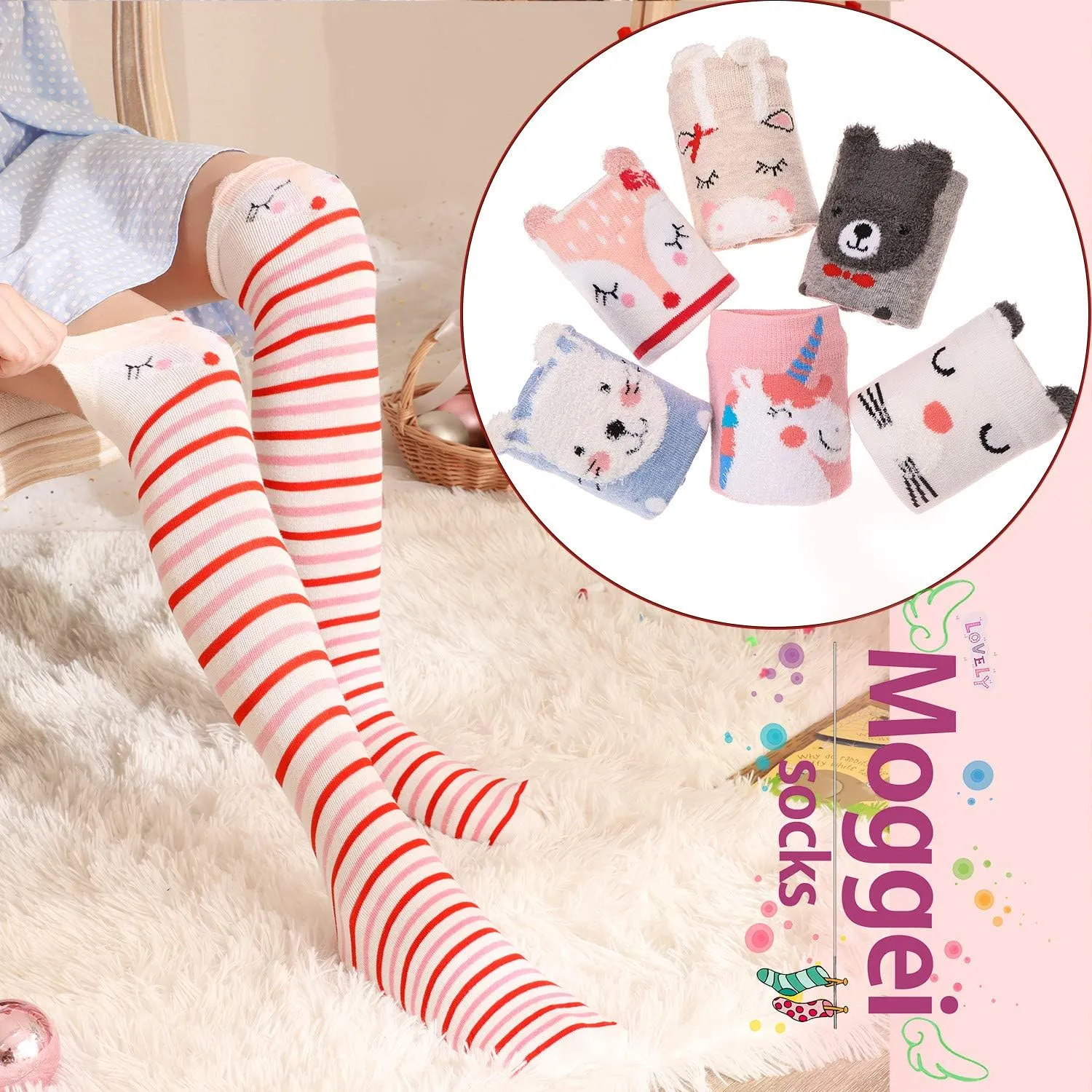 MOGGEI 6 Pairs Kids Girls Knee High Socks Gift Long Crazy Silly Tall Funny Boot Cute Animal Child Fun Socks