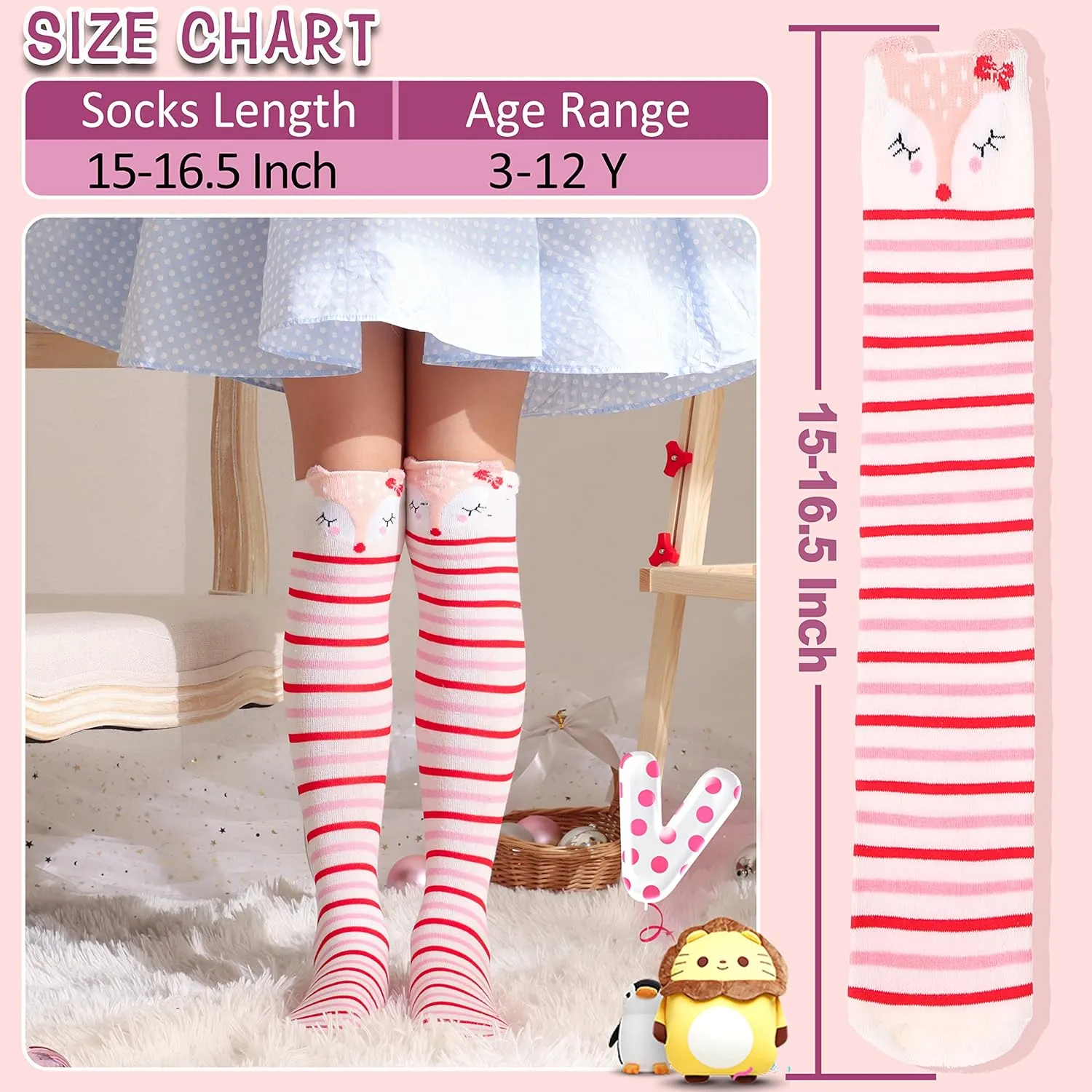 MOGGEI 6 Pairs Kids Girls Knee High Socks Gift Long Crazy Silly Tall Funny Boot Cute Animal Child Fun Socks