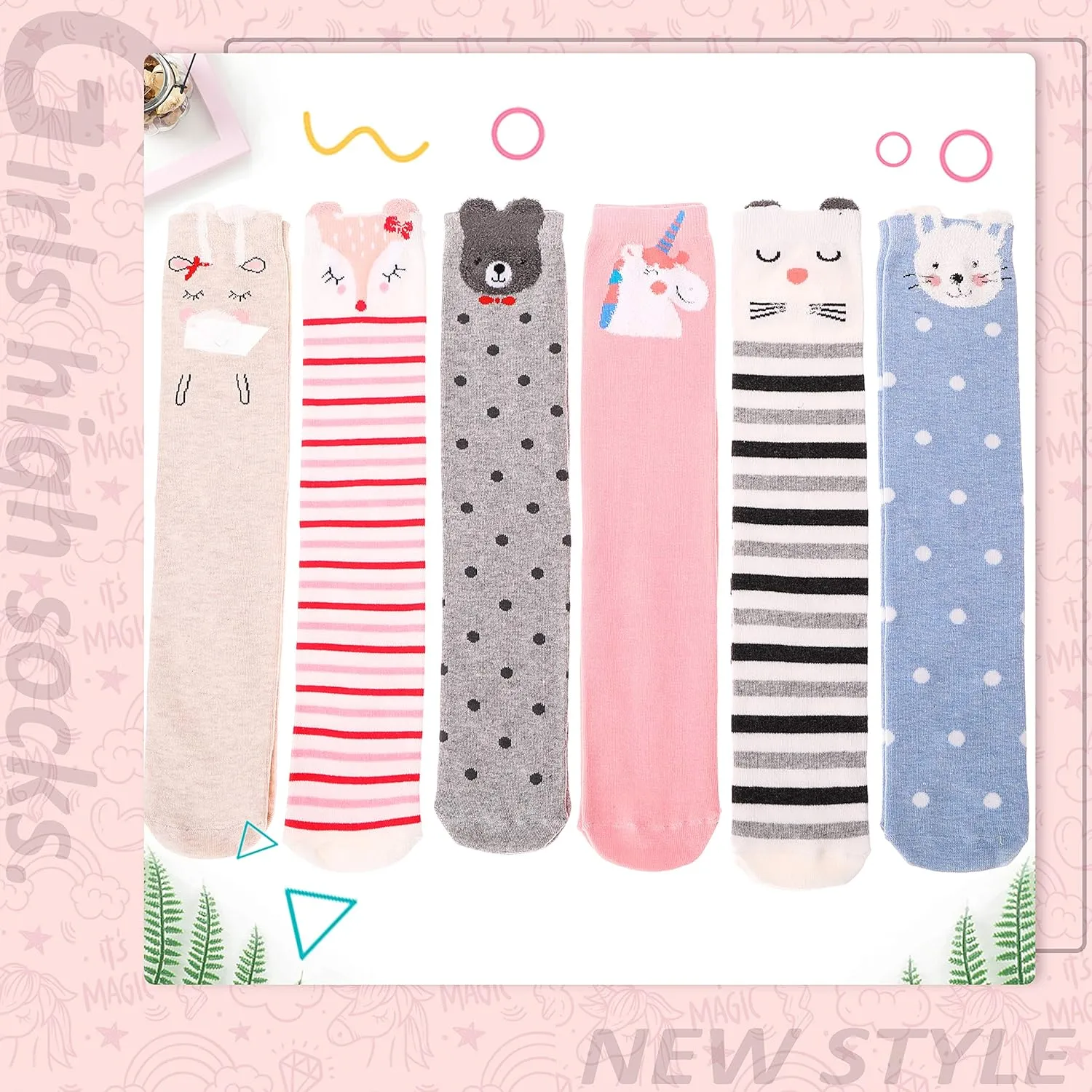 MOGGEI 6 Pairs Kids Girls Knee High Socks Gift Long Crazy Silly Tall Funny Boot Cute Animal Child Fun Socks