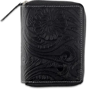 Passport Wallet - Travel Document Holder w/RFID Blocking ?C Full Grain Leather ?C Bifold compact zip around Wallet with Credit Card Slots for Women and Men, black floral,500-40