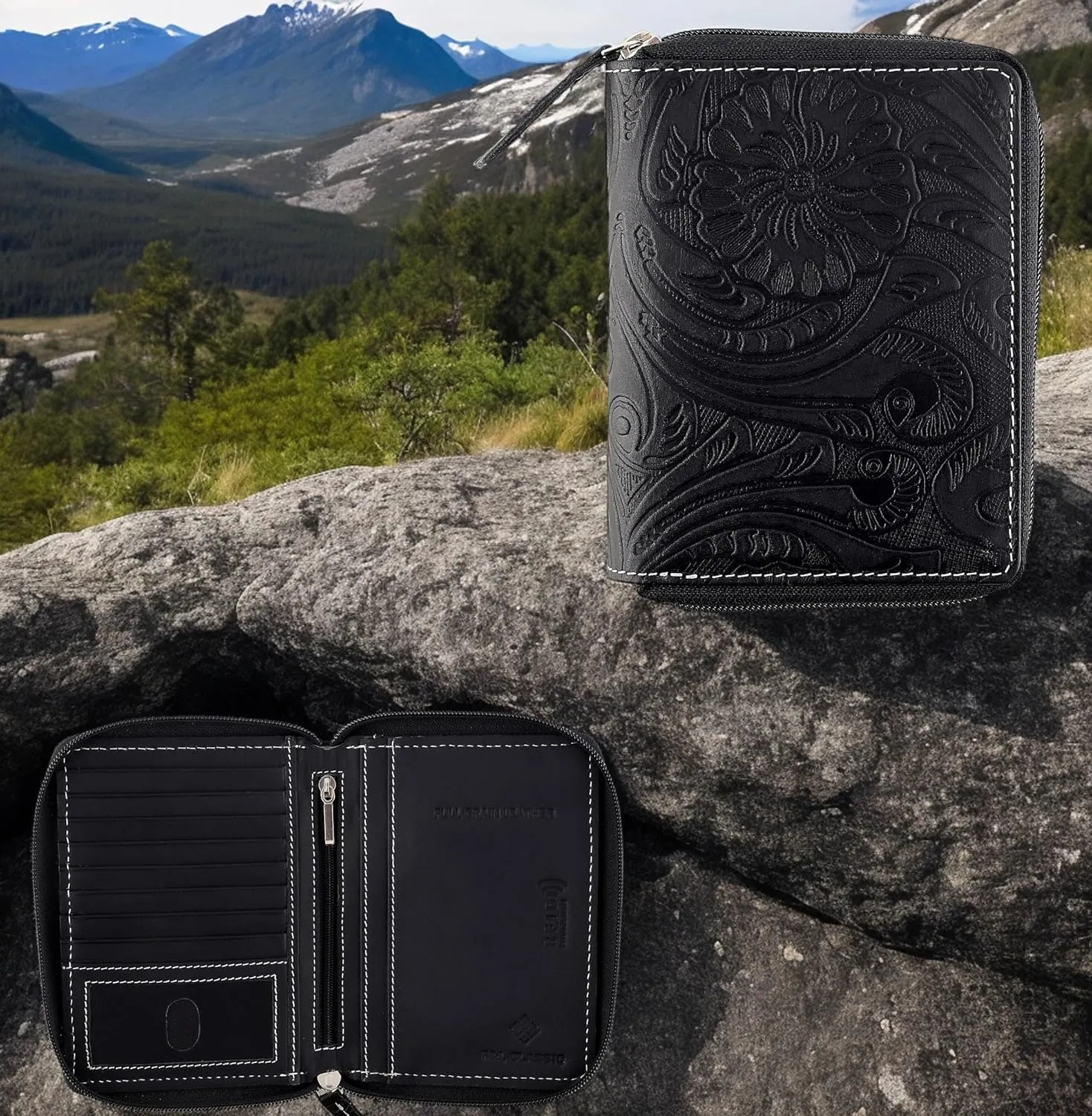Passport Wallet - Travel Document Holder w/RFID Blocking ?C Full Grain Leather ?C Bifold compact zip around Wallet with Credit Card Slots for Women and Men, black floral,500-40