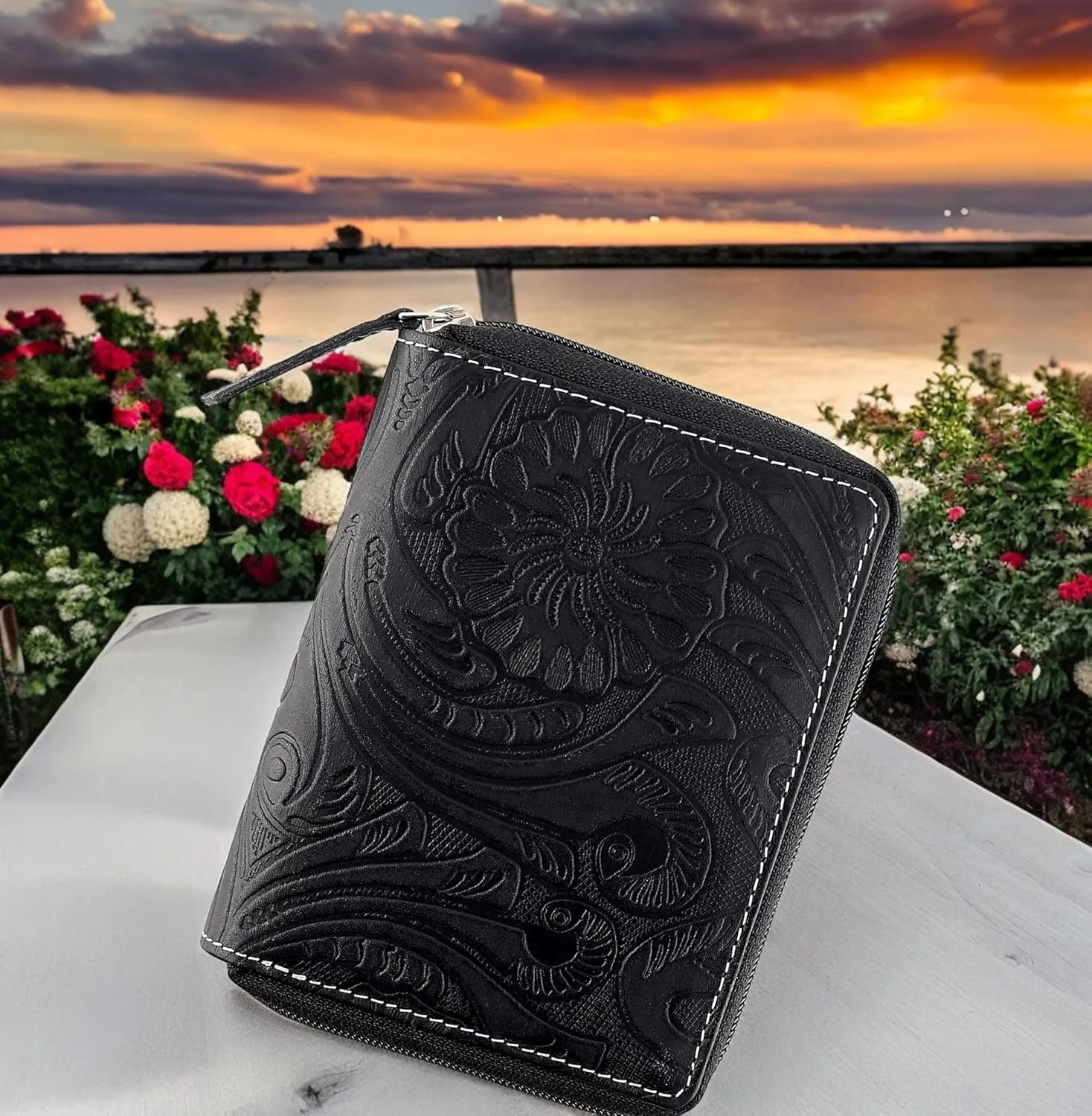 Passport Wallet - Travel Document Holder w/RFID Blocking ?C Full Grain Leather ?C Bifold compact zip around Wallet with Credit Card Slots for Women and Men, black floral,500-40
