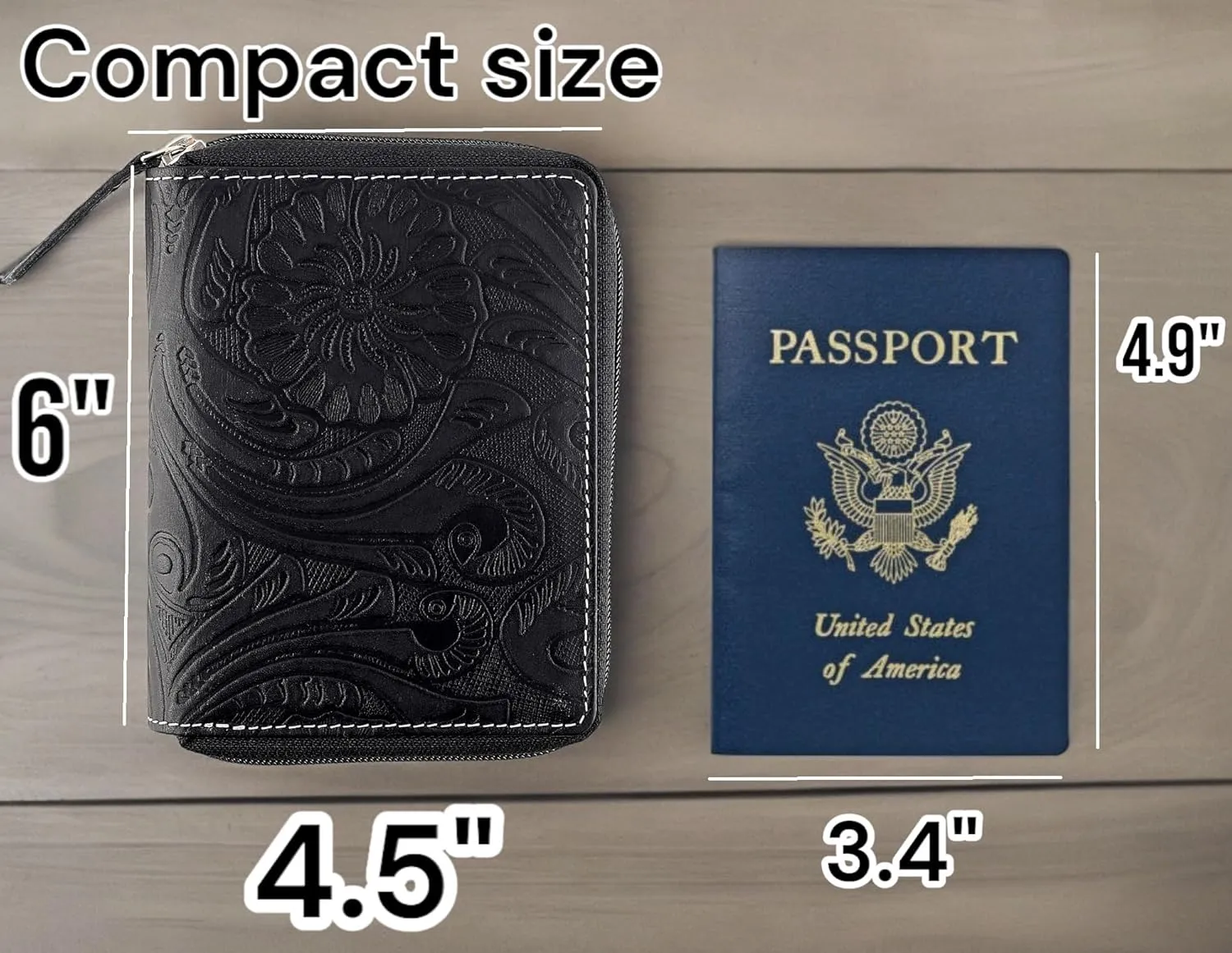 Passport Wallet - Travel Document Holder w/RFID Blocking ?C Full Grain Leather ?C Bifold compact zip around Wallet with Credit Card Slots for Women and Men, black floral,500-40