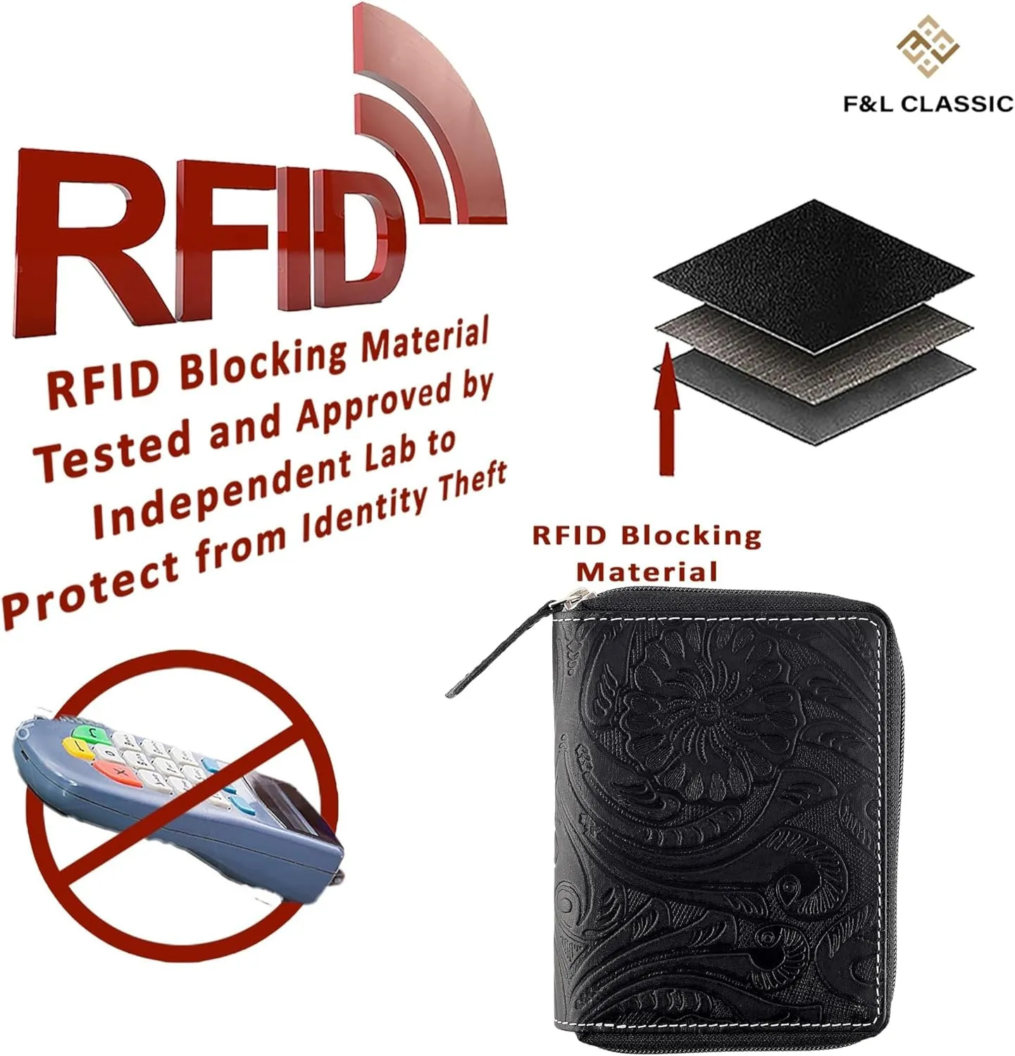 Passport Wallet - Travel Document Holder w/RFID Blocking ?C Full Grain Leather ?C Bifold compact zip around Wallet with Credit Card Slots for Women and Men, black floral,500-40