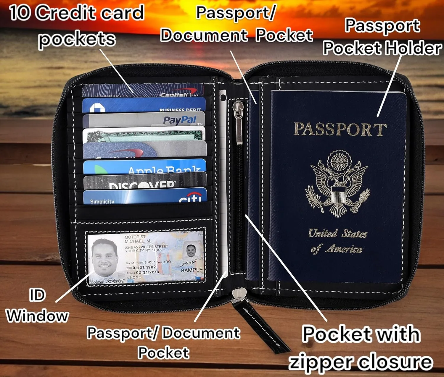 Passport Wallet - Travel Document Holder w/RFID Blocking ?C Full Grain Leather ?C Bifold compact zip around Wallet with Credit Card Slots for Women and Men, black floral,500-40