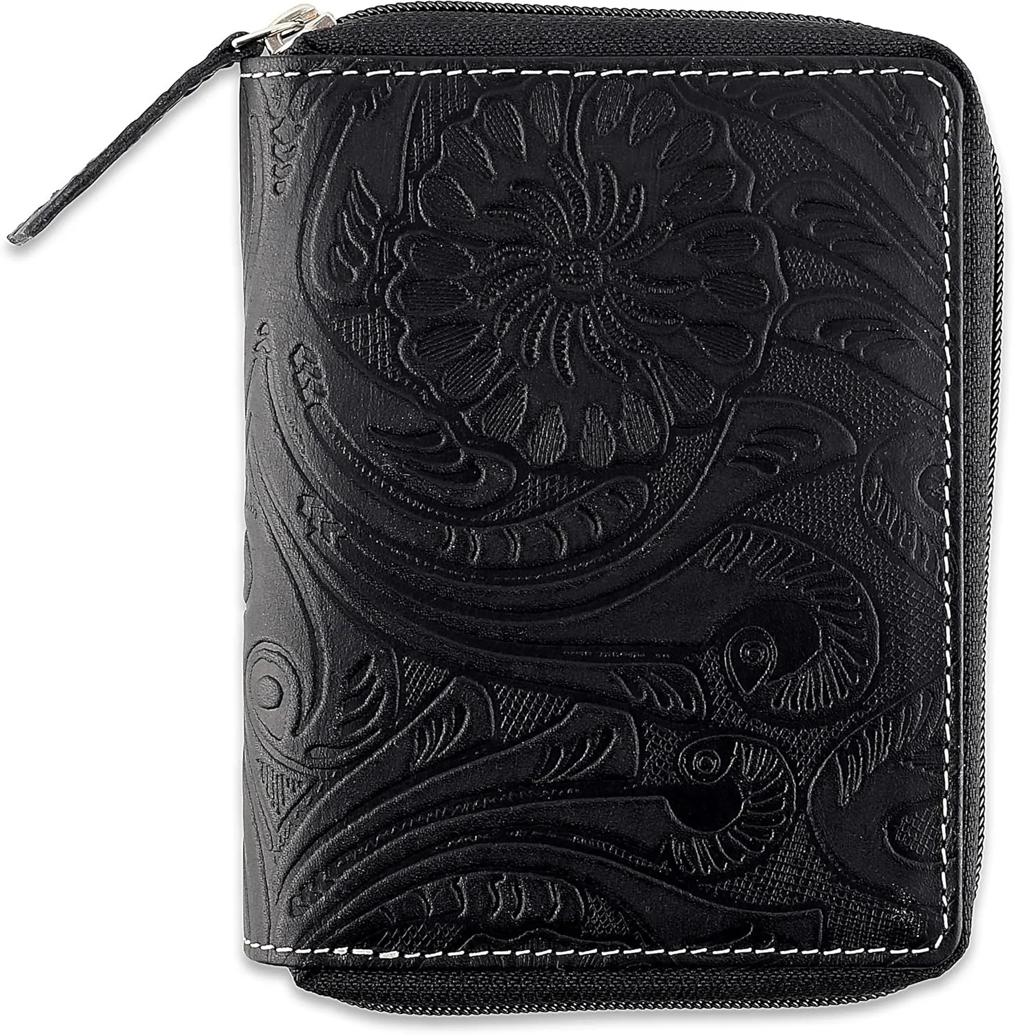 Passport Wallet - Travel Document Holder w/RFID Blocking ?C Full Grain Leather ?C Bifold compact zip around Wallet with Credit Card Slots for Women and Men, black floral,500-40
