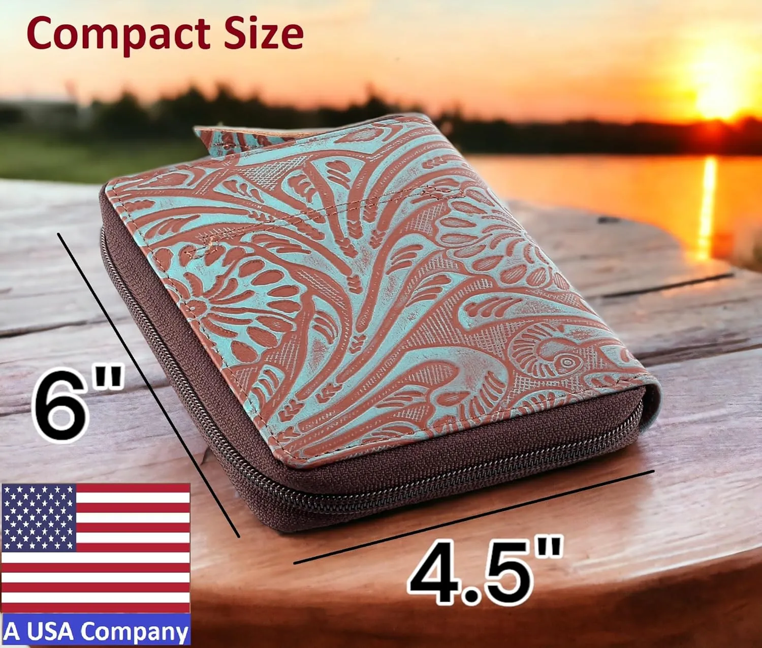 Passport Wallet - Travel Document Holder w/RFID Blocking ?C Full Grain Leather ?C Bifold compact zip around Wallet with Credit Card Slots for Women and Men,Turquoise floral,500-50