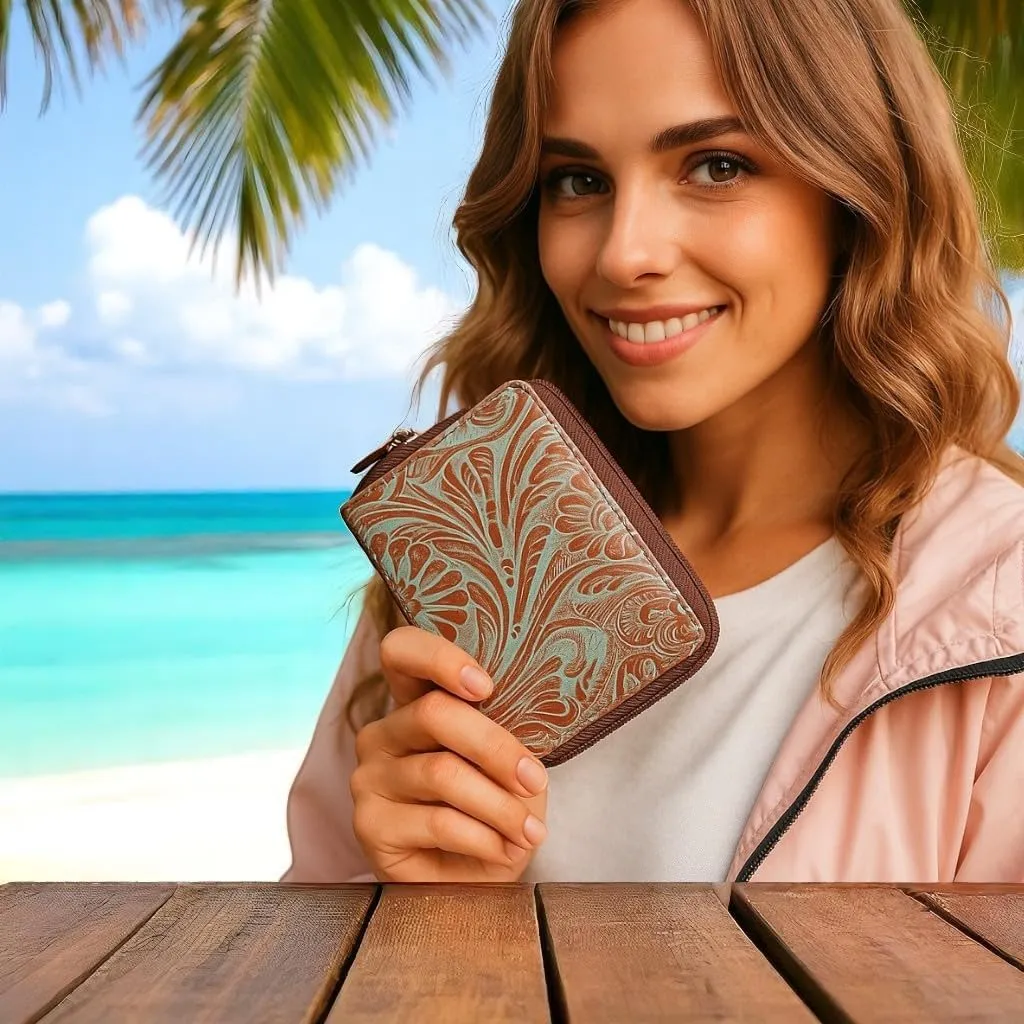 Passport Wallet - Travel Document Holder w/RFID Blocking ?C Full Grain Leather ?C Bifold compact zip around Wallet with Credit Card Slots for Women and Men,Turquoise floral,500-50