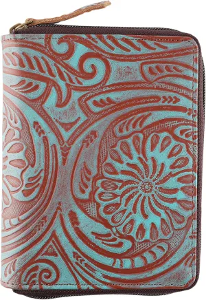 Passport Wallet - Travel Document Holder w/RFID Blocking ?C Full Grain Leather ?C Bifold compact zip around Wallet with Credit Card Slots for Women and Men,Turquoise floral,500-50