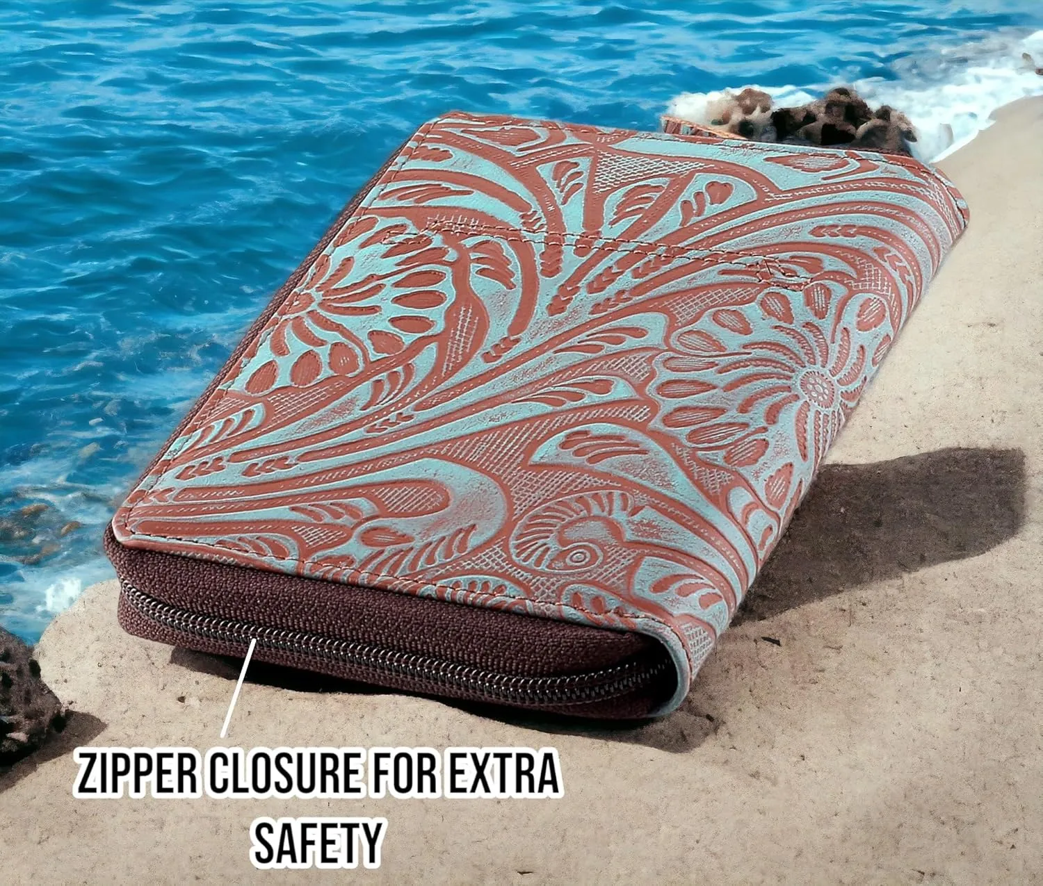 Passport Wallet - Travel Document Holder w/RFID Blocking ?C Full Grain Leather ?C Bifold compact zip around Wallet with Credit Card Slots for Women and Men,Turquoise floral,500-50