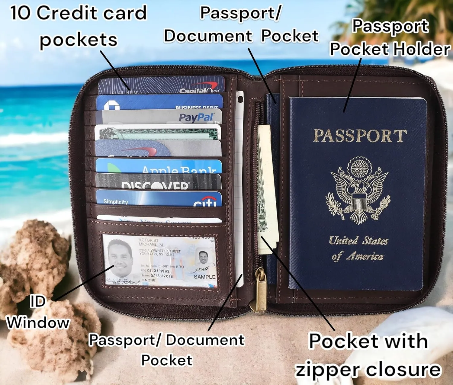 Passport Wallet - Travel Document Holder w/RFID Blocking ?C Full Grain Leather ?C Bifold compact zip around Wallet with Credit Card Slots for Women and Men,Turquoise floral,500-50