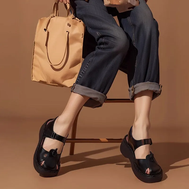Retro Leather Ankle Strappy Sandals Handmade Closed Toe in Black