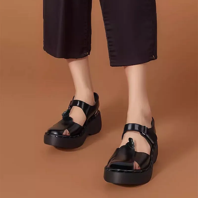 Retro Leather Ankle Strappy Sandals Handmade Closed Toe in Black