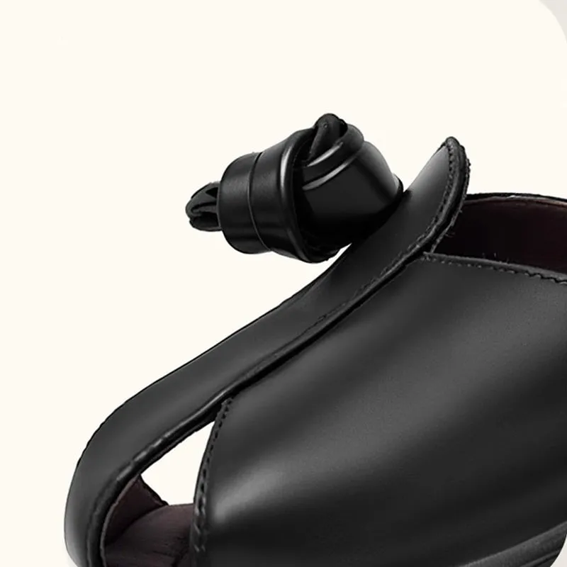 Retro Leather Ankle Strappy Sandals Handmade Closed Toe in Black
