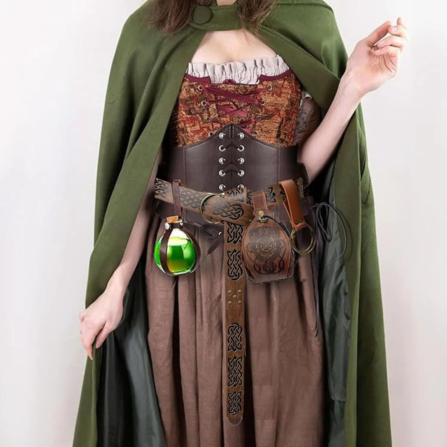 SUMGOGO 4 Pcs Halloween Renaissance Belt Pouch Witch Bottle Skirt Hikes Medieval Viking Pirate Leather Belt Costume Set