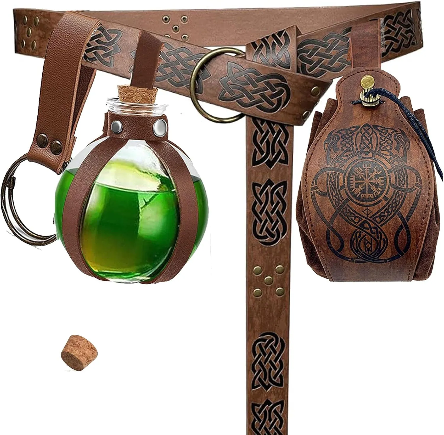 SUMGOGO 4 Pcs Halloween Renaissance Belt Pouch Witch Bottle Skirt Hikes Medieval Viking Pirate Leather Belt Costume Set