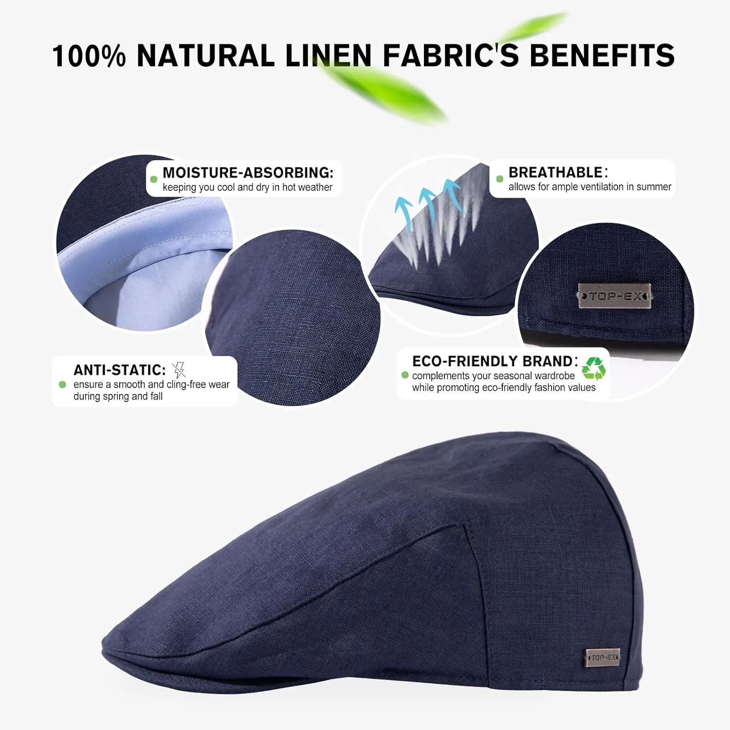 TOP-EX XL/XXL Mens 100% Linen Flat Cap Summer Cooling Newsboy Hats Cotton Lining