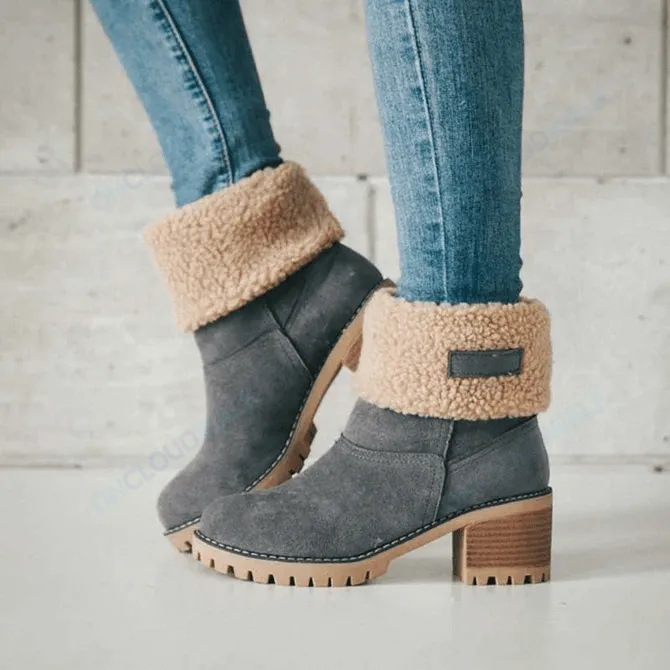 Women Warm Fur Lining Chunky Square Heels Mid-Calf Snow Winter Boots