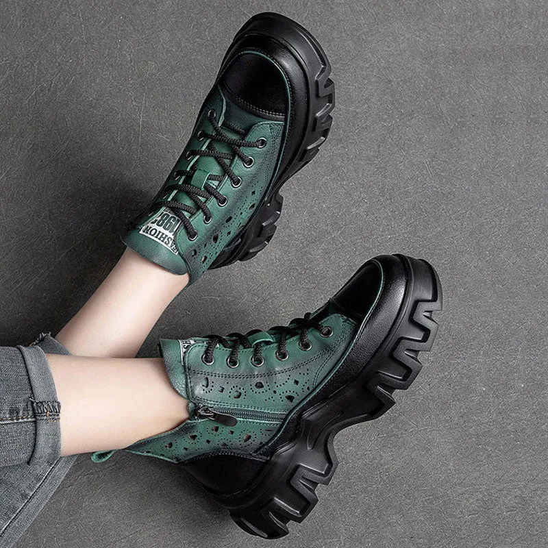 Women's Flower Hollow Leather Sandal Thick Bottom Wedge Boots