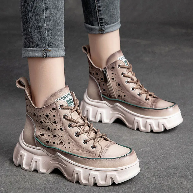 Women's Flower Hollow Leather Sandal Thick Bottom Wedge Boots