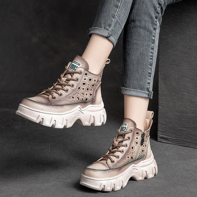 Women's Flower Hollow Leather Sandal Thick Bottom Wedge Boots