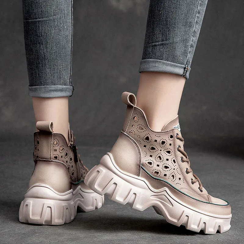 Women's Flower Hollow Leather Sandal Thick Bottom Wedge Boots