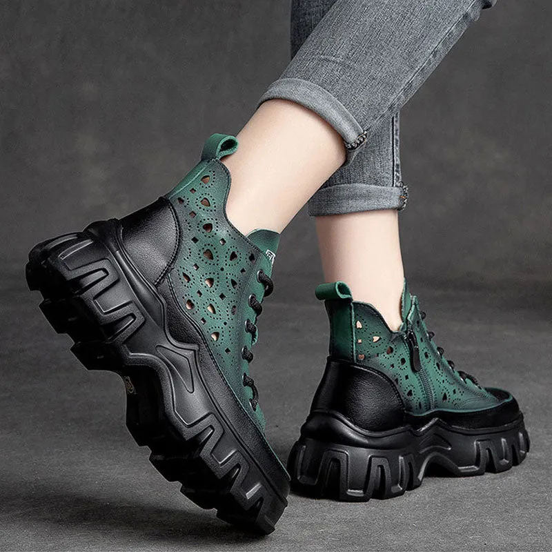 Women's Flower Hollow Leather Sandal Thick Bottom Wedge Boots