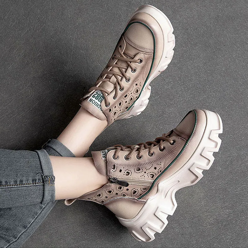 Women's Flower Hollow Leather Sandal Thick Bottom Wedge Boots