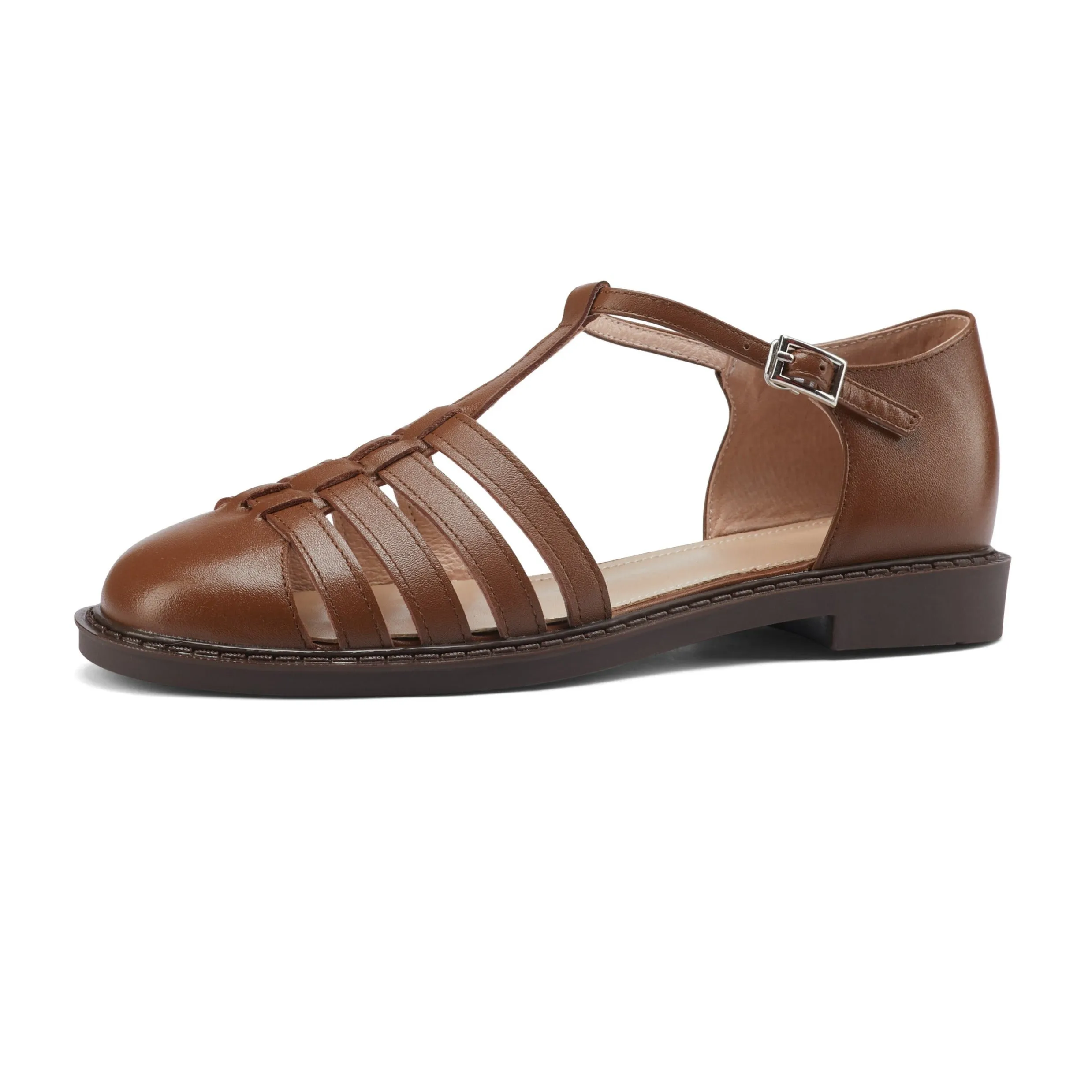 Womens Leather Fisherman Braided Flat Sandals Closed Toe